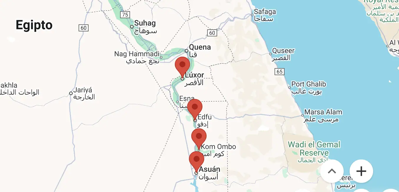 Mapa del itinerario en Egipto