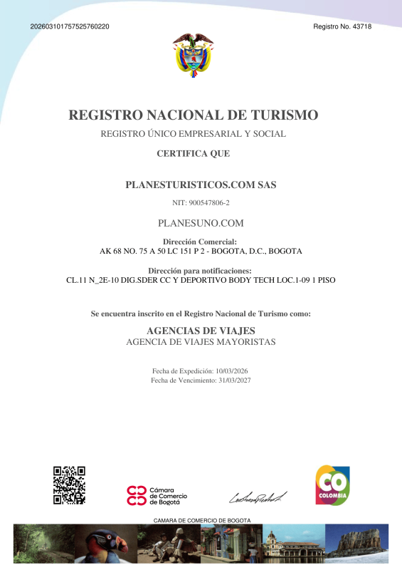 Certificado 2026 del Registro Nacional de Turismo 43718 de PlanesTuristicos.com como agencia mayorista, Bogotá