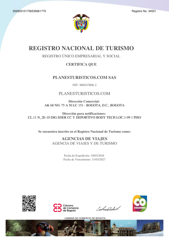 Certificado 2026 del Registro Nacional de Turismo 34521 de PlanesTuristicos.com, sede Metrópolis, Bogotá