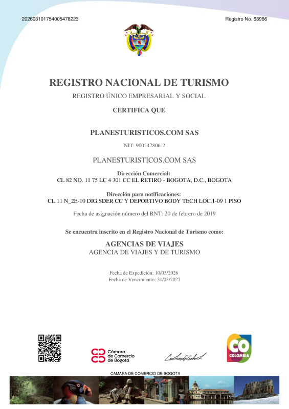 Certificado 2026 del Registro Nacional de Turismo 63966 de PlanesTuristicos.com, sede El Retiro, Bogotá
